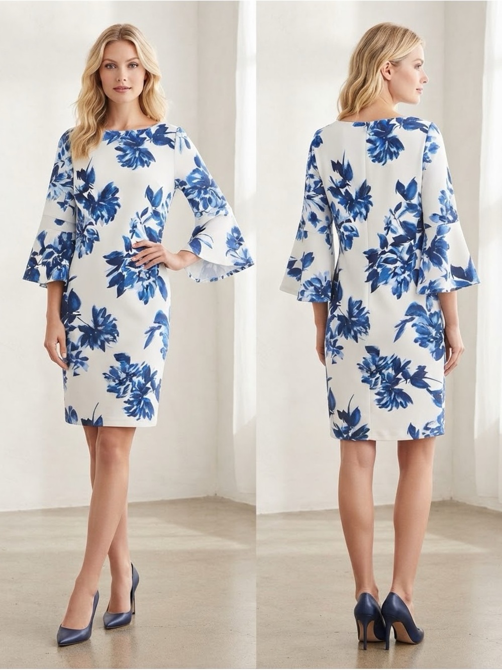 Jessica Howard White Dress with Blue Floral Print and Bell Sleeves